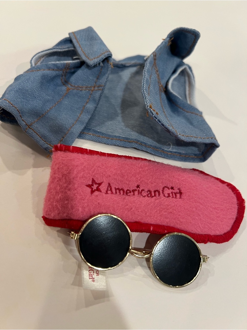 American Girl Circle Sunglasses With Pink Case And Denim Style Vest Jacket